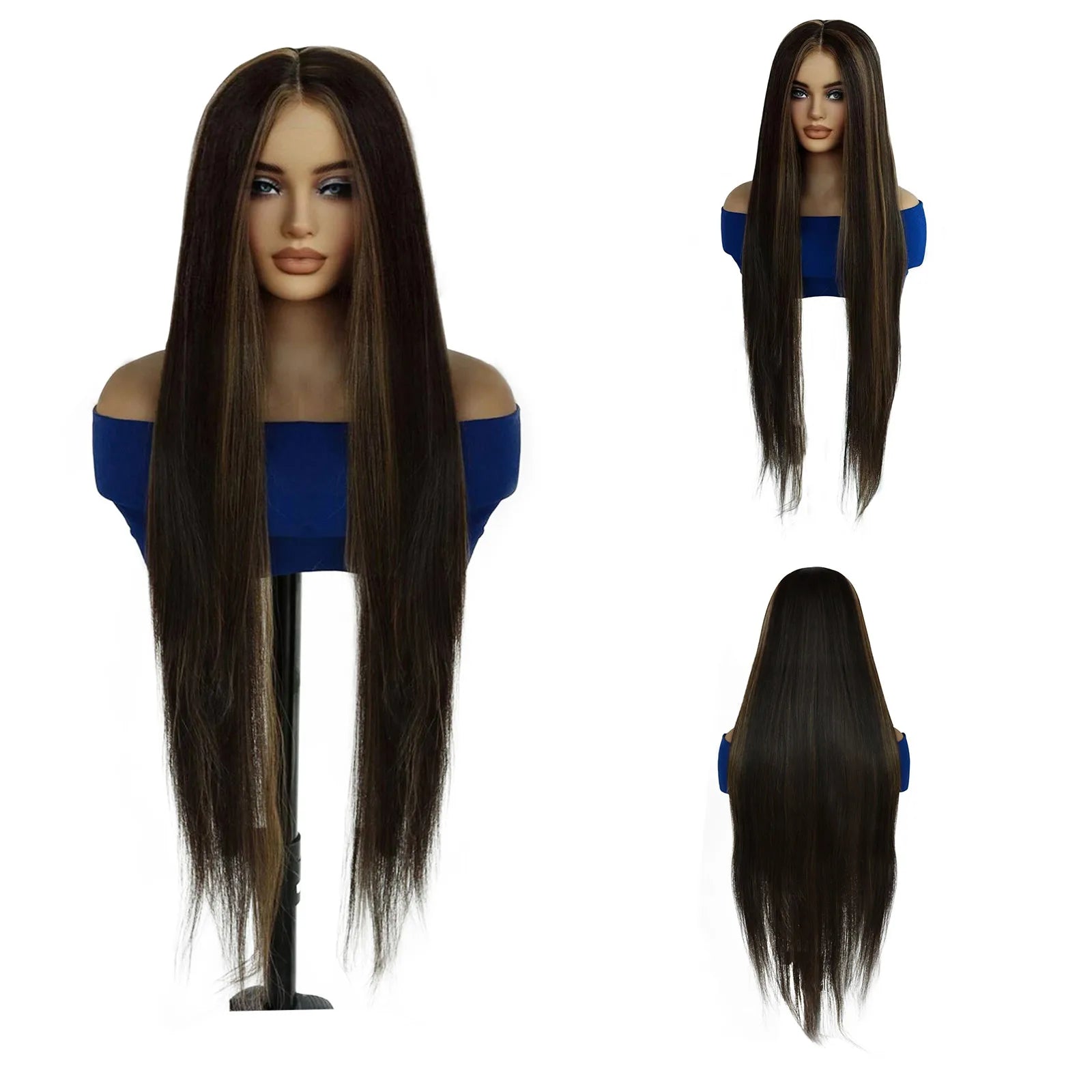 13x4x1 Lace Front Wig Dark Brown With Blonde Highlight Long Straight Synthetic Wig Heat Resistant Women Daily Fashion Wig