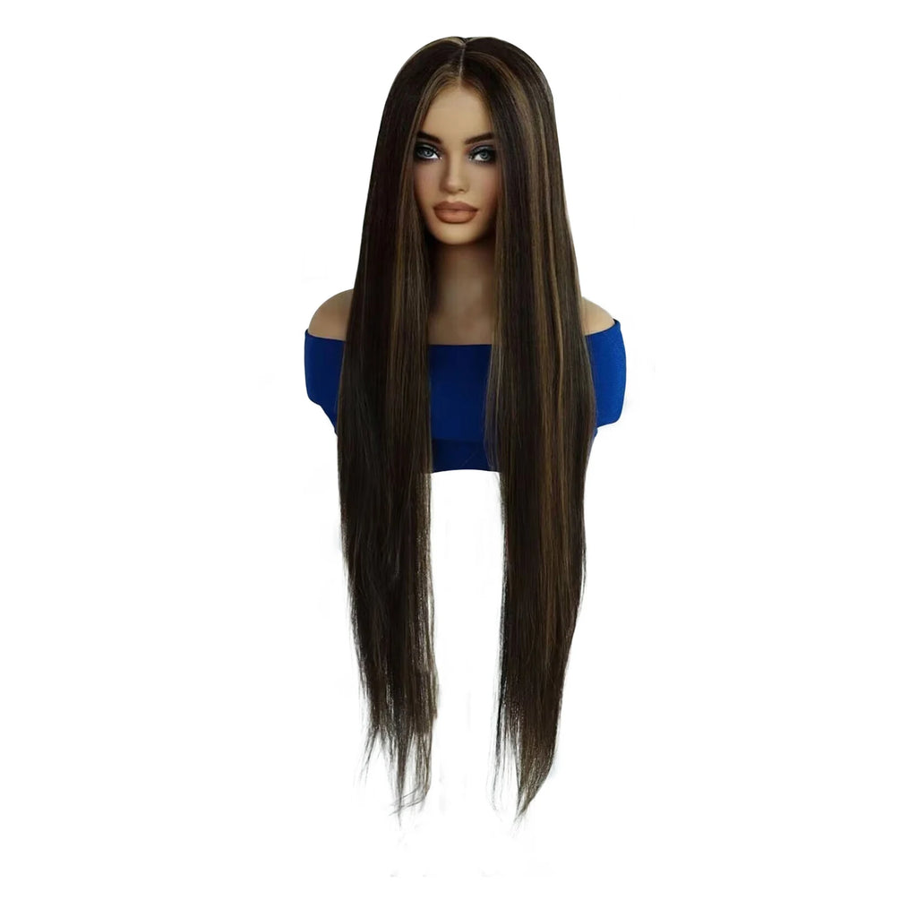 13x4x1 Lace Front Wig Dark Brown With Blonde Highlight Long Straight Synthetic Wig Heat Resistant Women Daily Fashion Wig