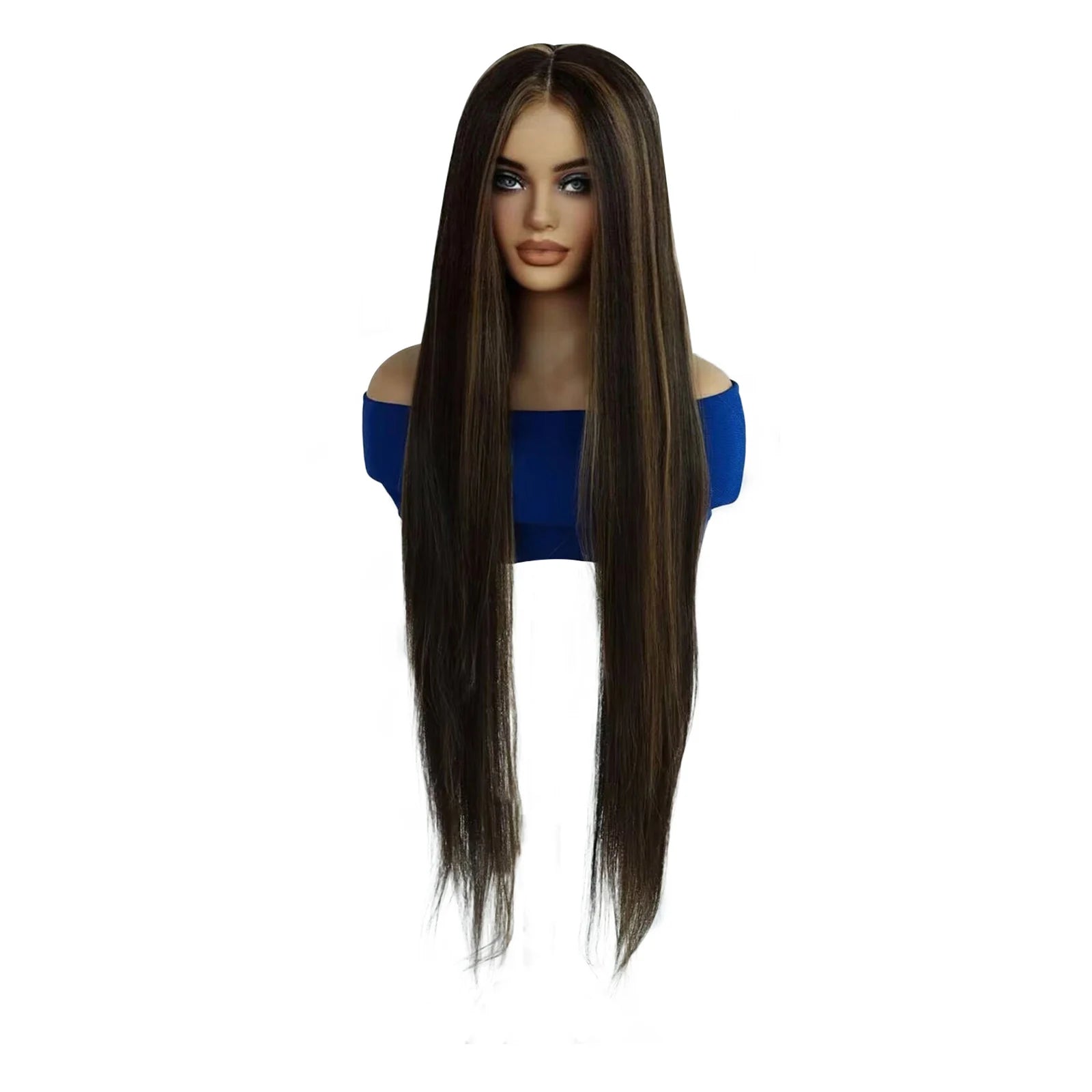 13x4x1 Lace Front Wig Dark Brown With Blonde Highlight Long Straight Synthetic Wig Heat Resistant Women Daily Fashion Wig