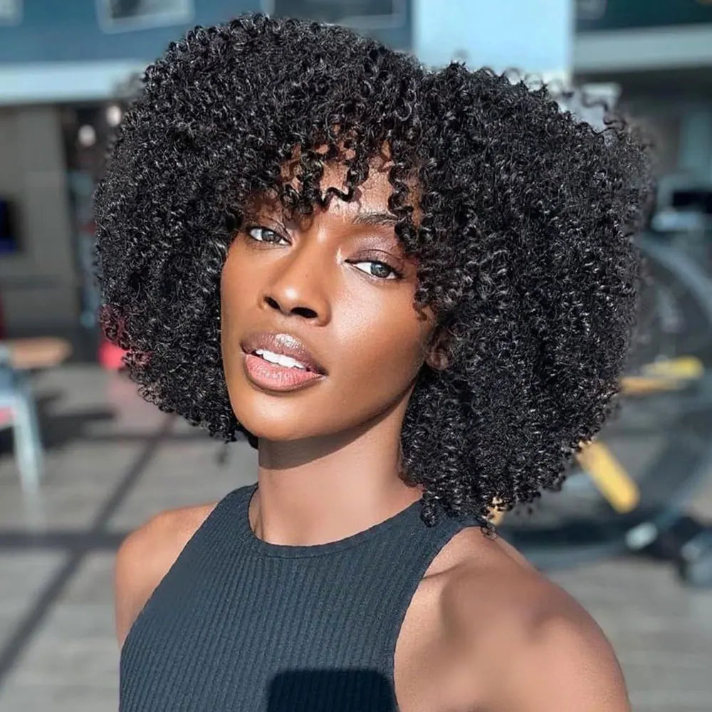 Short Afro Kinky Curly Human Hair Wigs for Black Women  Afro Kinky Curly Wigs with Bangs Cheap Natural Full Machine Wigs
