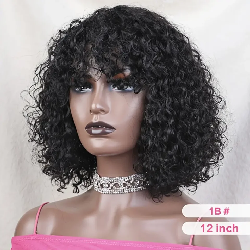 Short Curly Bob Human Hair Wig With Bangs Honey Blonde Highlight Peruvian Water Wave Pixie Cut Bob Wig Bouncy Water Waves Wigs