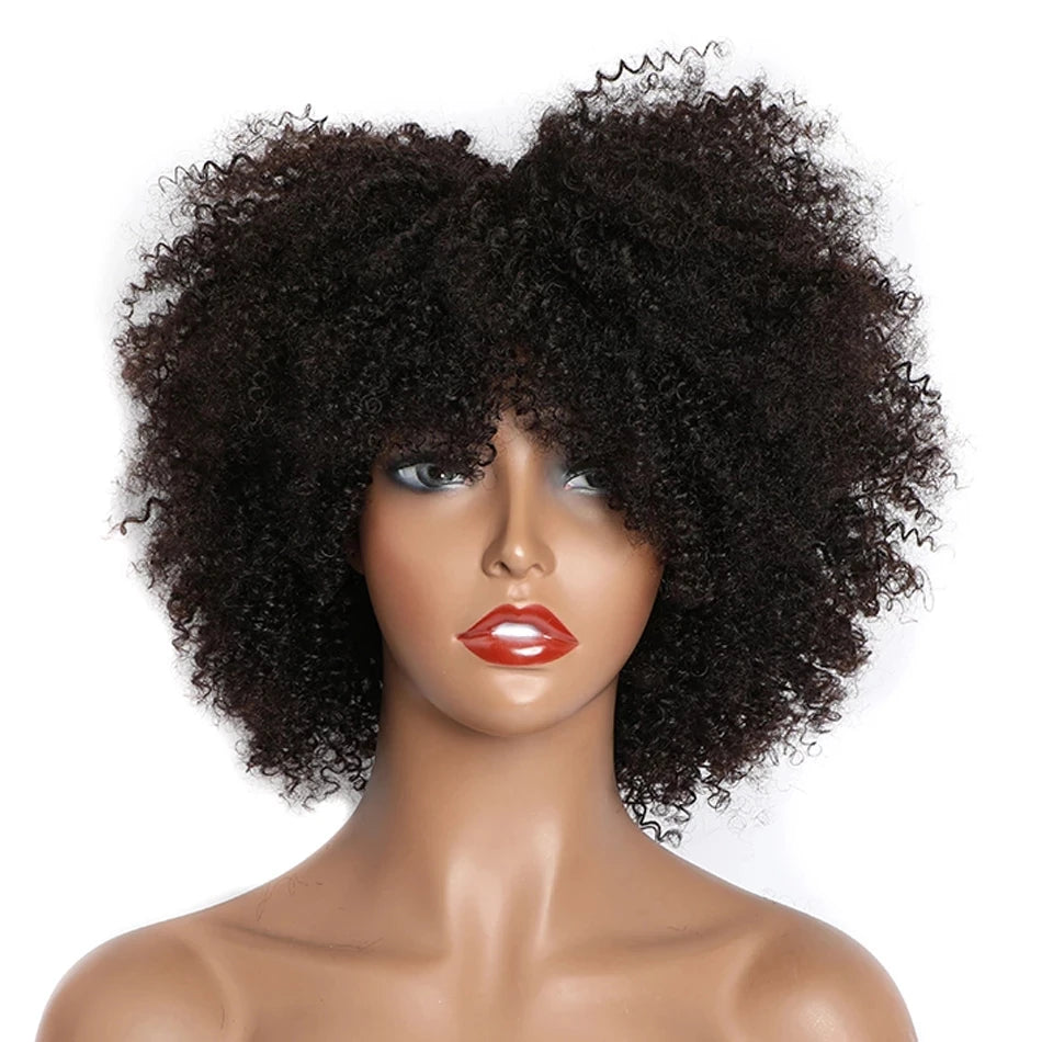 Short Afro Kinky Curly Human Hair Wigs for Black Women  Afro Kinky Curly Wigs with Bangs Cheap Natural Full Machine Wigs