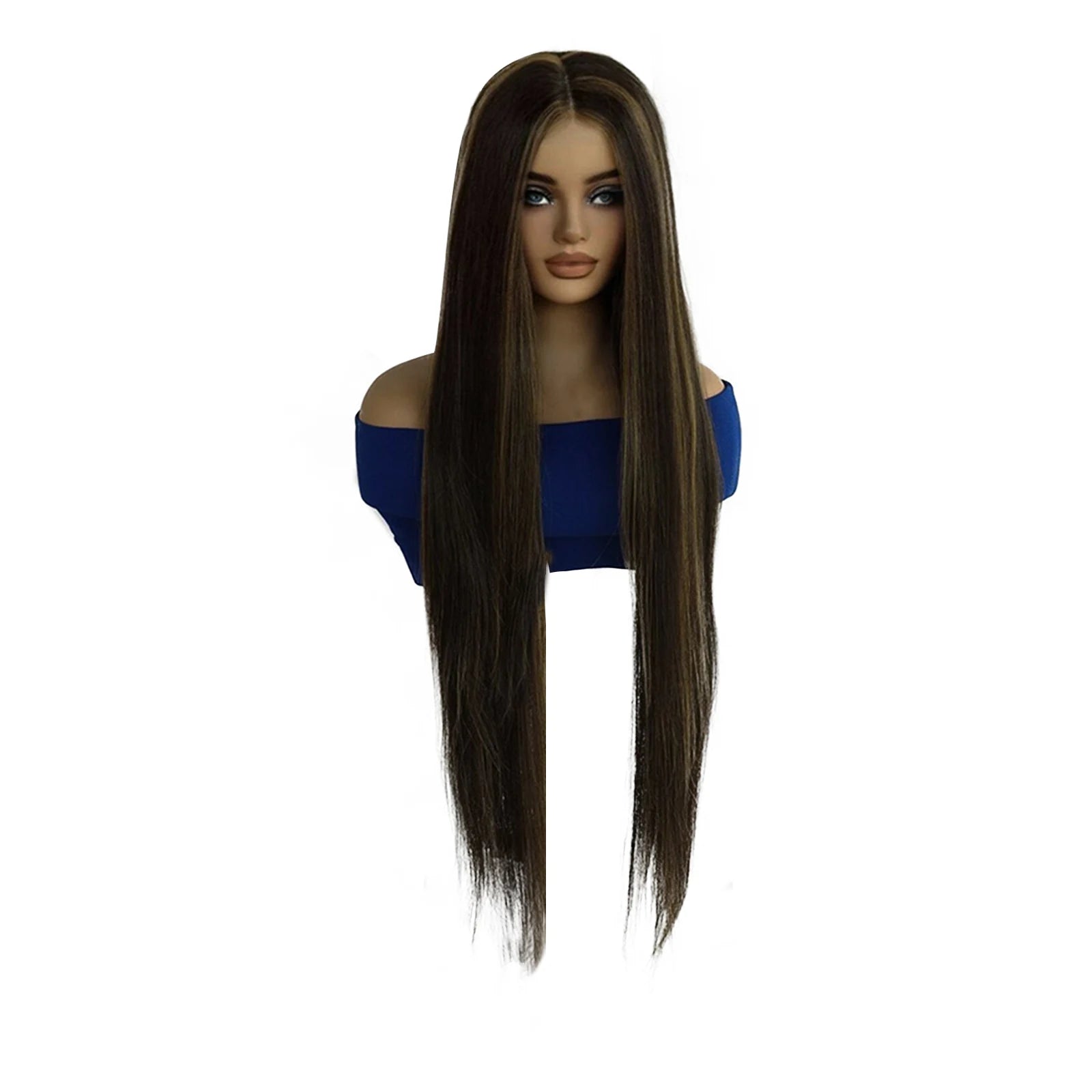13x4x1 Lace Front Wig Dark Brown With Blonde Highlight Long Straight Synthetic Wig Heat Resistant Women Daily Fashion Wig