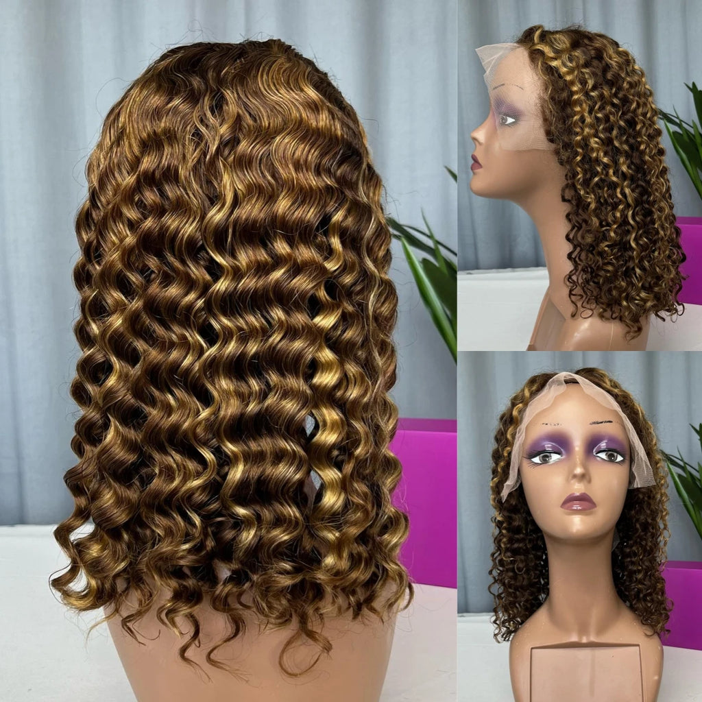 13x4 Lace Frontal Short Curly Bob Wig Human Hair Lace Wig 220% Density Brazilian Virgin Human Hair Deep Wave Short Bob Wigs