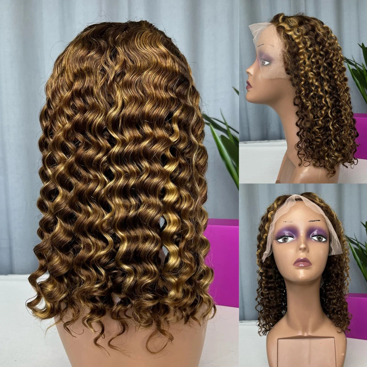 13x4 Lace Frontal Short Curly Bob Wig Human Hair Lace Wig 220% Density Brazilian Virgin Human Hair Deep Wave Short Bob Wigs