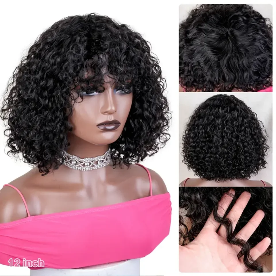 Short Curly Bob Human Hair Wig With Bangs Honey Blonde Highlight Peruvian Water Wave Pixie Cut Bob Wig Bouncy Water Waves Wigs
