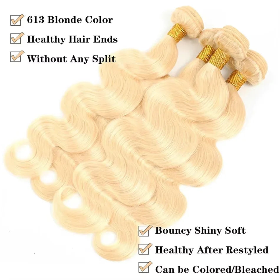 Human Hair 30 Inch Weave Extensions 3 4 Bundles Water Golden Brazilian Crochet Remy 613 Body Wave Bundles 100% Honey Blonde Raw