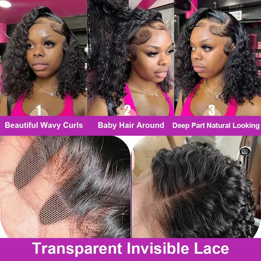 Short Bob Wigs Curly 100% Human Hair 13x4 Transparent Lace Frontal Wig Pre Plucked Deep Wave Bob Wigs Short Human Hair For Women