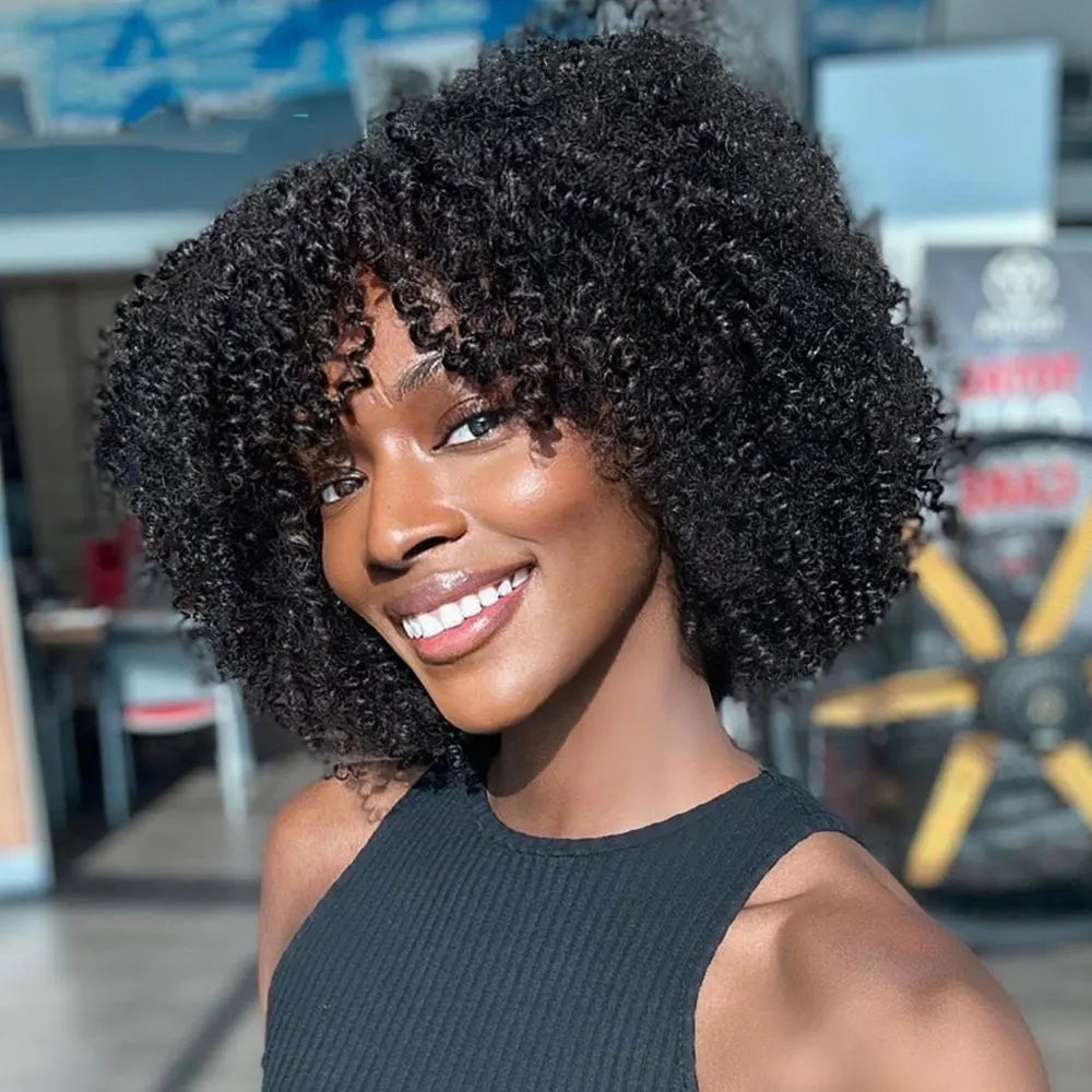 Short Afro Kinky Curly Human Hair Wigs for Black Women  Afro Kinky Curly Wigs with Bangs Cheap Natural Full Machine Wigs