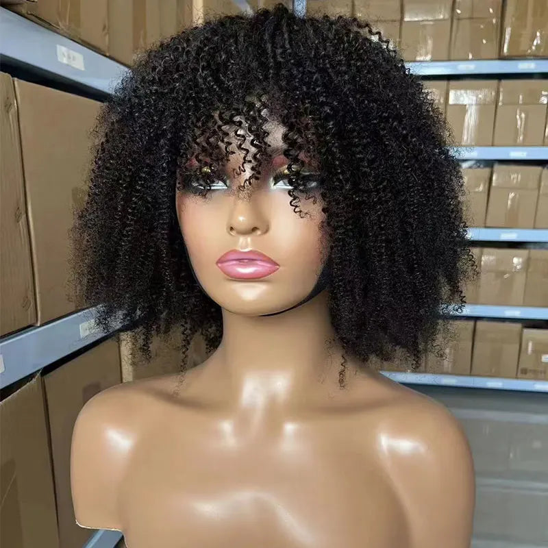 Short Afro Kinky Curly Human Hair Wigs for Black Women  Afro Kinky Curly Wigs with Bangs Cheap Natural Full Machine Wigs