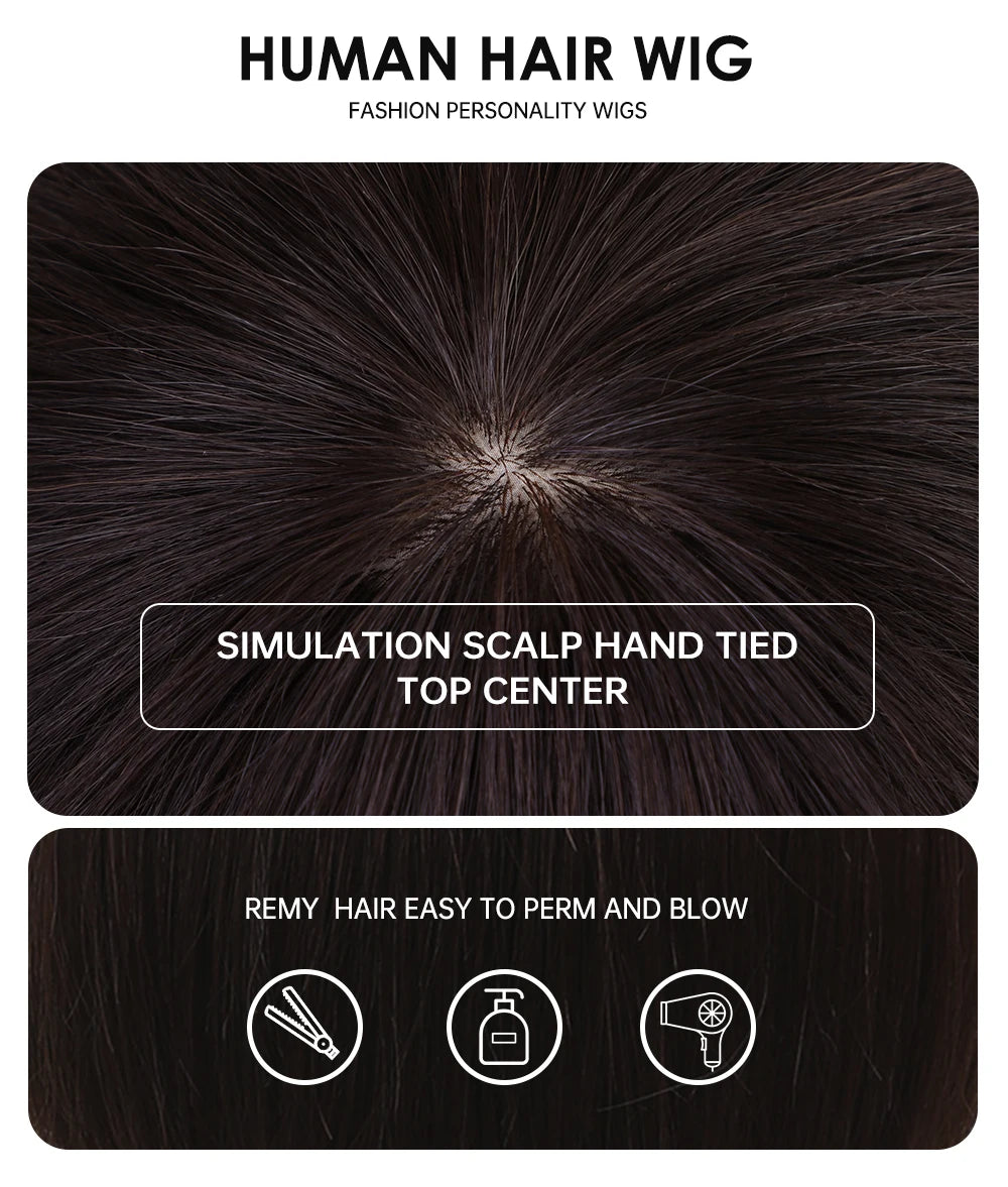 HAIRCUBE Short Human Hair Wigs for Women  Natural Straight Layered Style Wig Pixie Cut Brown Wig with Bangs 100% Remy Human Hair