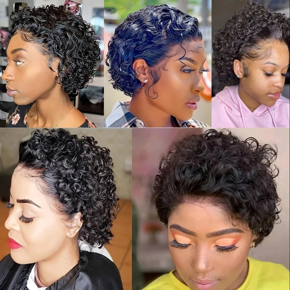 Short Curly 13x1 Lace Curly Pixie Cut Wig 180% Density Human Hair Lace Front Bob Wigs for Women Natural Color Pre Plucked 6 Inch