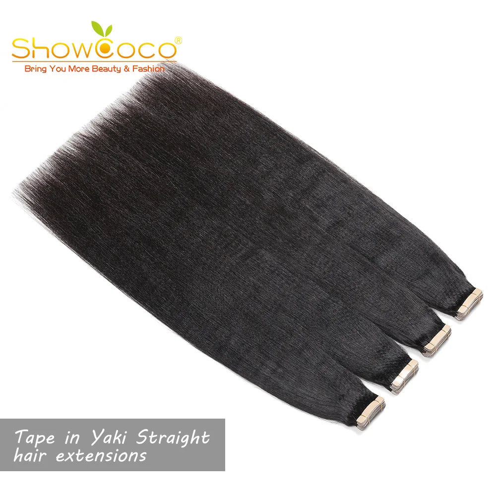 ShowCoco Light Yaki Straight Tape In Human Hair Extensions For Black Women 100% Remy Hair Nautral Color Invisible Tape