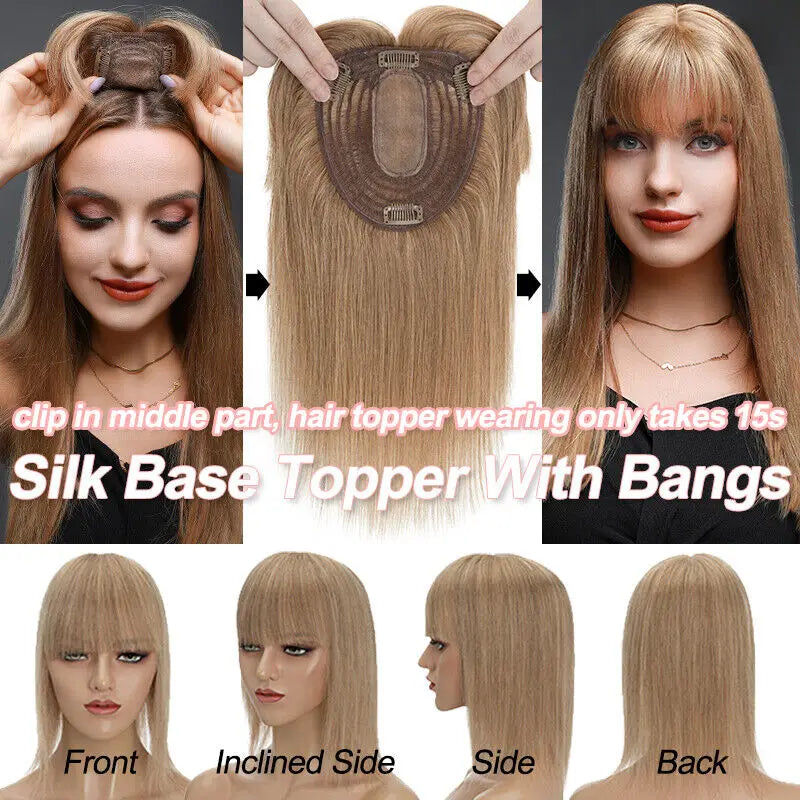 Real Human Hair Wig Hair Toppers for Women Clip In Women Toupee Silk Base Hairpiece with Bangs Blonde Clips In Hair Extensions