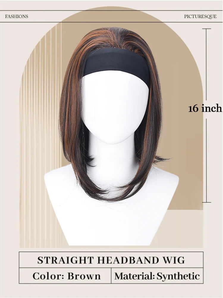 16 Inch Headband Wig For Women Mixed Brown Ombre Bob Wig Straight Synthetic Heat Resistant Wig With Headband For Daily Party Use