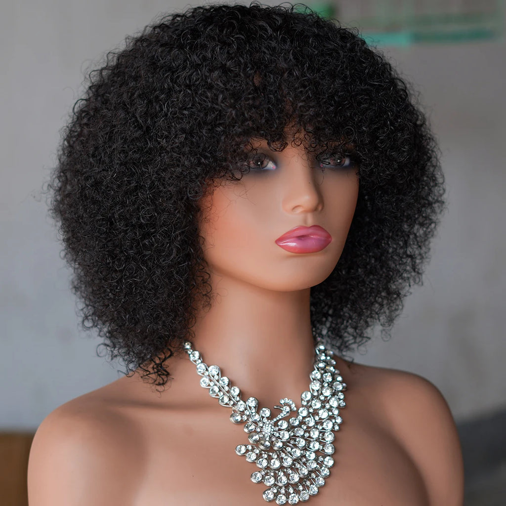 Mongolian Afro Kinky Curly Human Hair Wig With Bangs Machine Made 250% Afro Kinky Curly Wigs For Women Brazilian Glueless Wigs