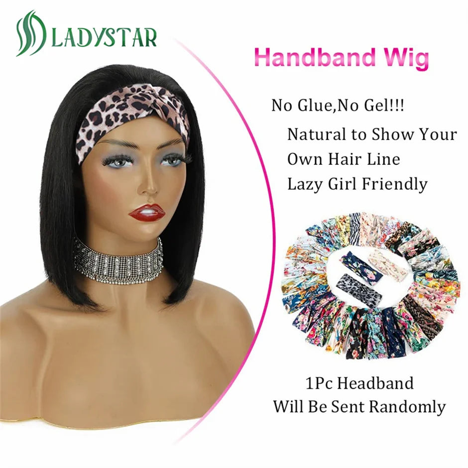Short Bob Headband Wigs Brazilian Human Hair Wig With Headband  For Women Full Machine Made Straight Bob Human Hair Wigs