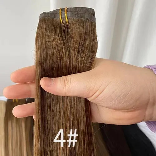 Brazilian Real Human Hair Clip-In Extensions Hard PU Braided Invisible Remy in Natural Black Brown Golden Brown Highlight Colors