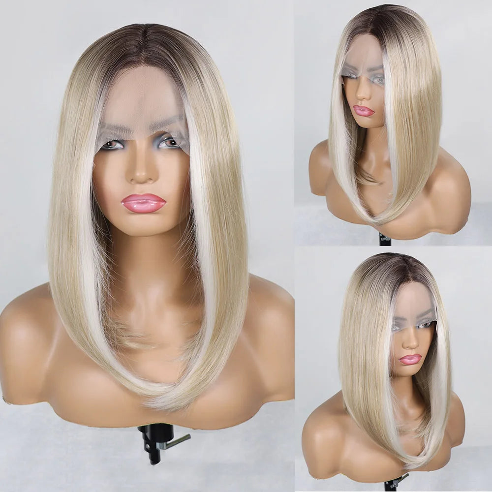 Ash Blonde Bob Lace Front Wig Dark Roots Synthetic Lace Front Wig Short Straight Colored Blonde Wig for Women Daily Use
