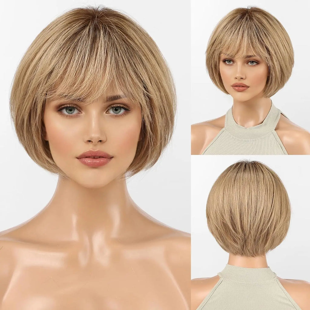 100% Human Hair Short Bob Wig with Bangs Honey Blonde Golden Highlights Glueless Wig for Women Heat Resistant Natural Daily Use