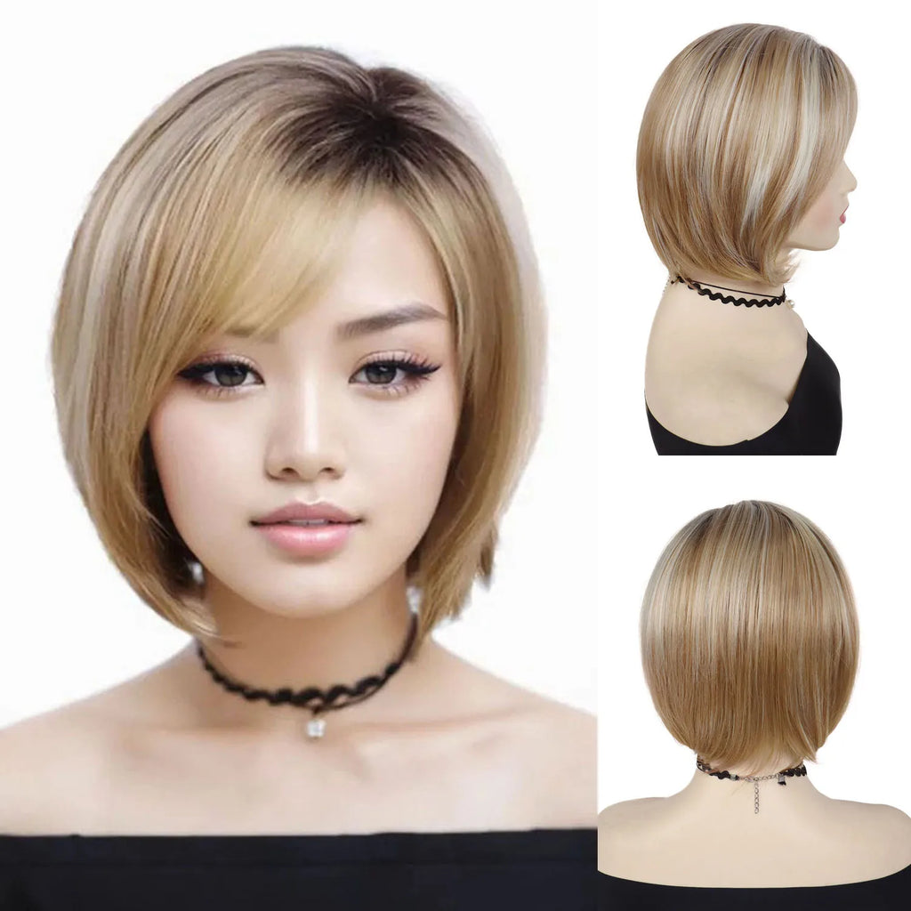 Bob Wigs for Women Synthetic Hair Heat Resistant Fiber Mixed Blonde Short Straight Hair Wig with Bangs Natural Hairstyle Costume