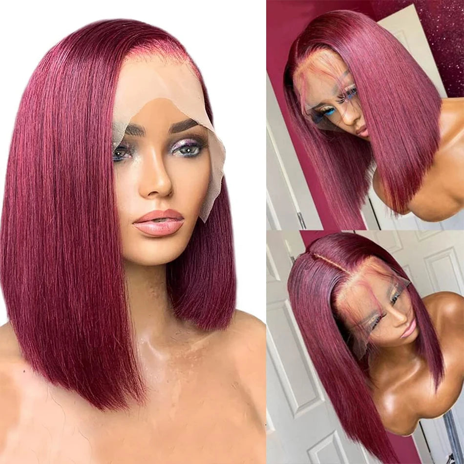 99J Burgundy Straight Short Bob Wig 13x4 Lace Front Wigs Red Colored HD Lace Frontal Wig Brazilian Remy 100% Human Hair 14 Inch