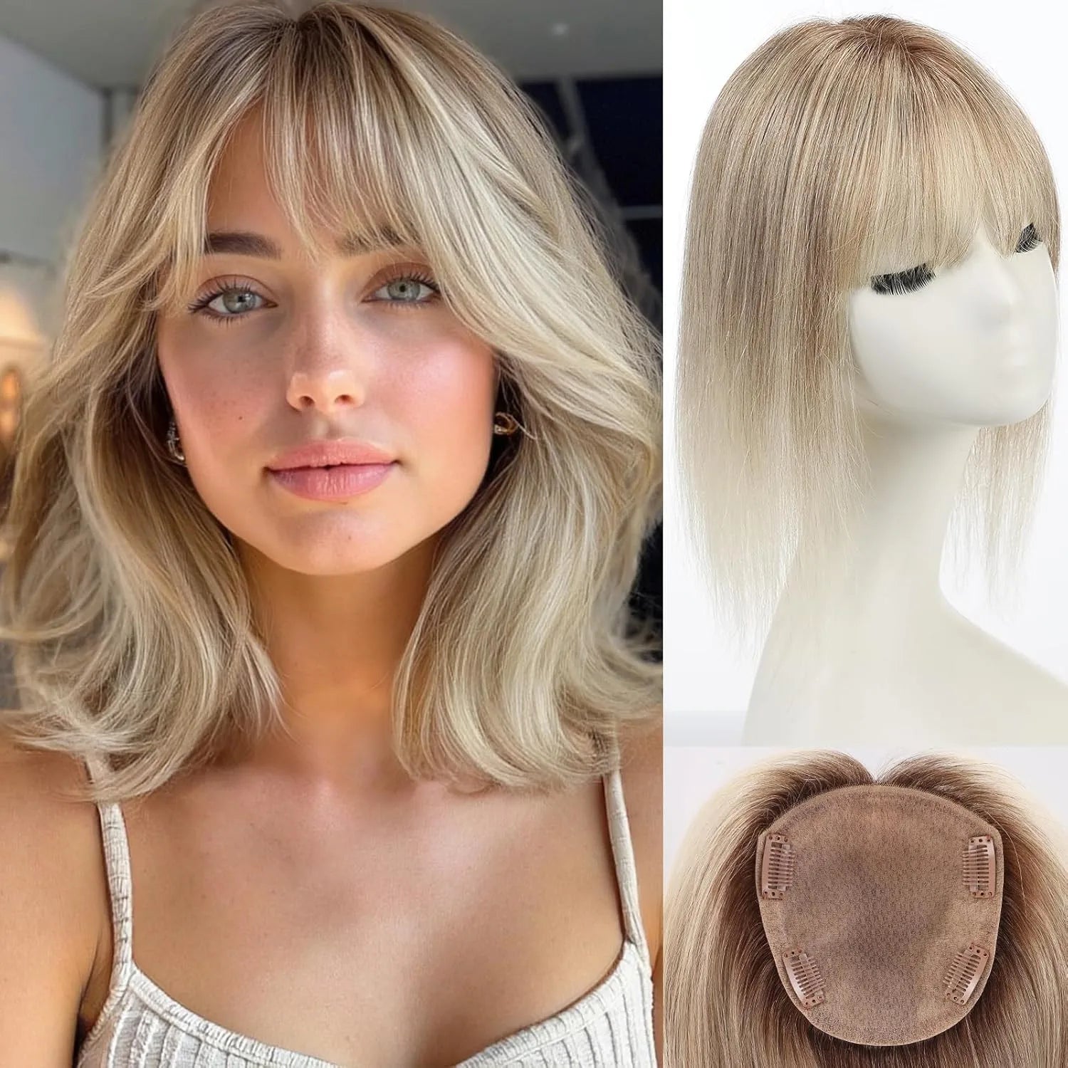 Human Hair Toppers for Women with Bangs 5"*5.5"Large Coverage Mixed Brown 100% Real Human Toppers for Women with Thinning Hair