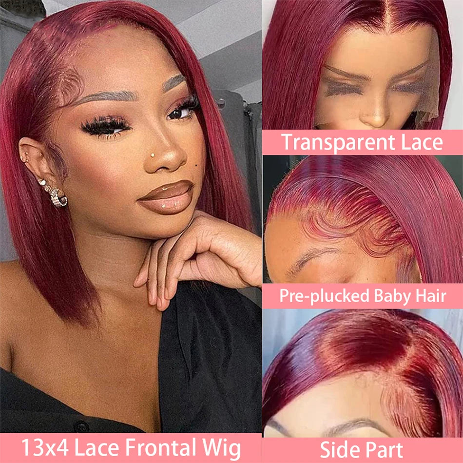 99J Burgundy Straight Short Bob Wig 13x4 Lace Front Wigs Red Colored HD Lace Frontal Wig Brazilian Remy 100% Human Hair 14 Inch
