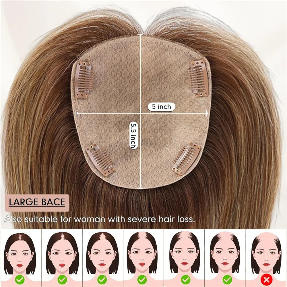 Human Hair Toppers for Women with Bangs 5"*5.5"Large Coverage Mixed Brown 100% Real Human Toppers for Women with Thinning Hair