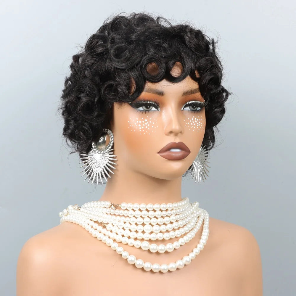Short Curly Pixie Cut Wigs For Women Curly Wig Brazilian Remy Human Hair Blond 27# Short Bob Full Machine Made Wig 200% Density