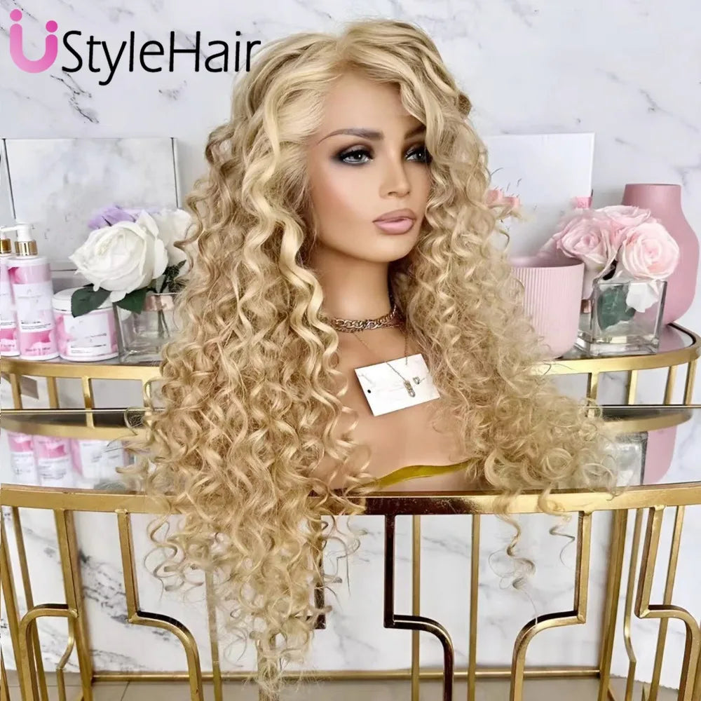 Blonde Curly Wig Lace Front Long Deep Curly Synthetic Lace Wig Heat Resistant Hair Daily Use Natural Hairline Wigs for Women