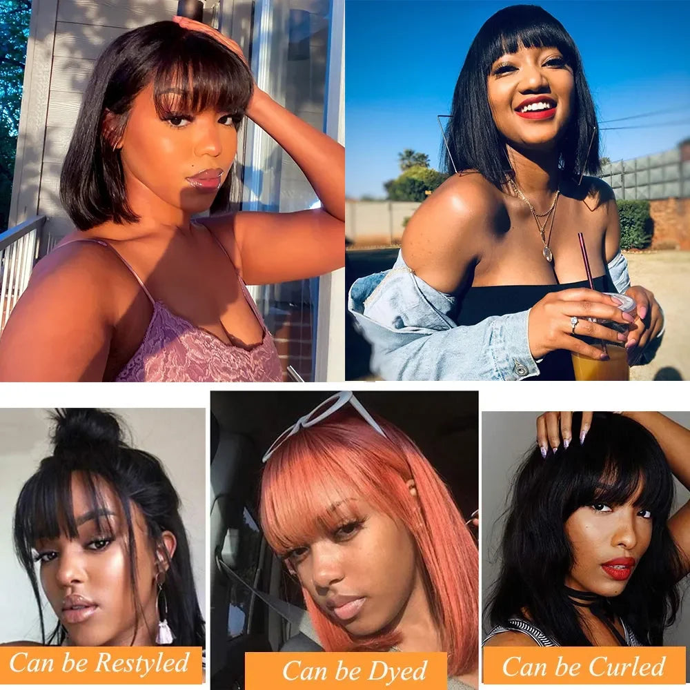 Brazilian hair Bob Wig With Bang Straight Bob Wig 100% Human Hair Wig Virgin Full Machine Made Wig For Women Cheap Bob Wigs