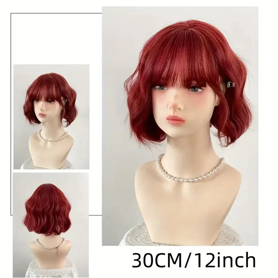 Cute Raspberry Red Synthetic Hair Short Curly Full Machine Made BOB Wig With Bangs Natural Simulated Scalp Cosplay Wig For Women