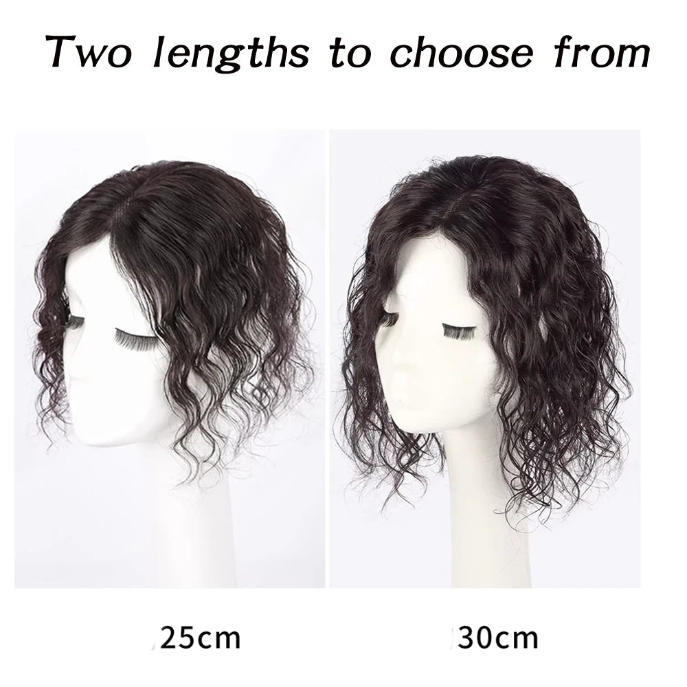 30cm Short Curly Wavy Hair Topper for Women Real Human Hair Natural Black Swiss Lace Base Clip in Topper Wiglet Hairpiece 9X14cm