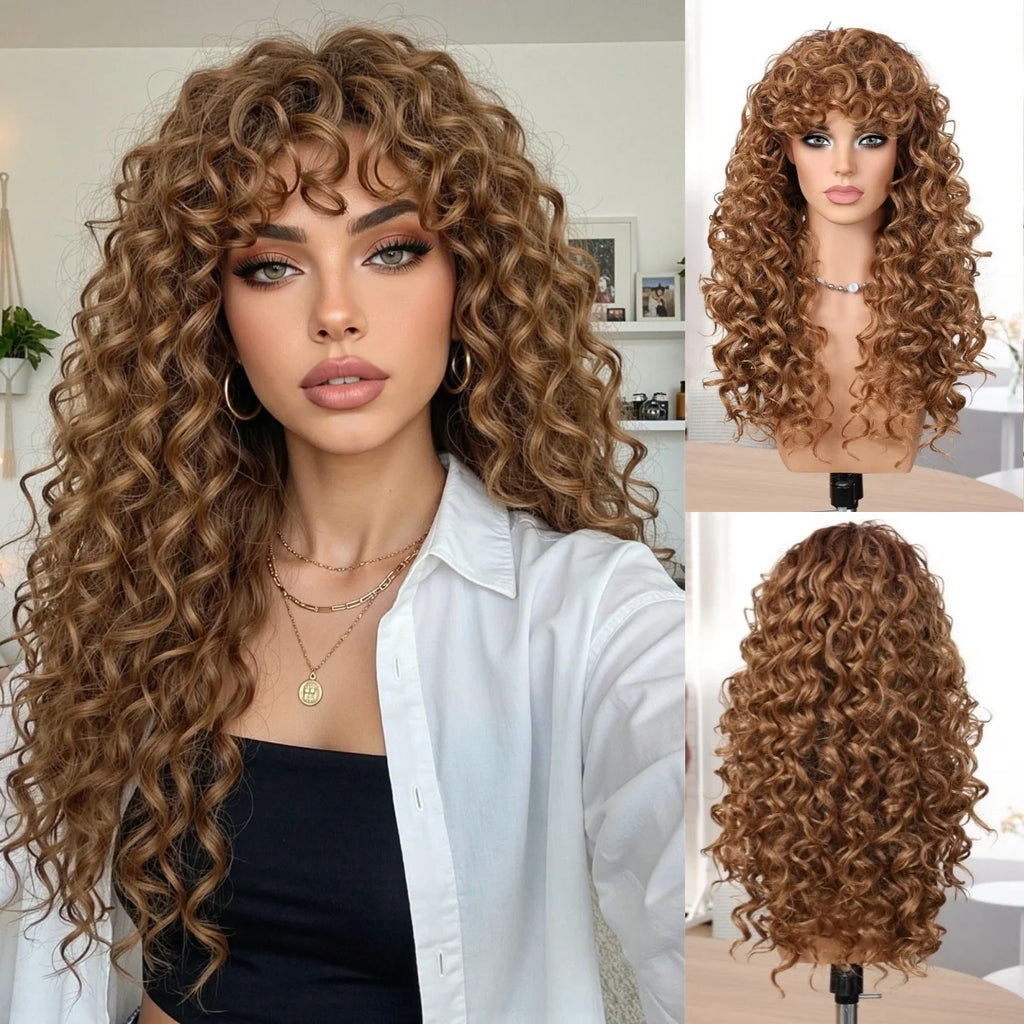 Natural Black Long Curly Synthetic Wigs for Women with Bangs Heat Resistant Hair for Daily Party Cosplay Halloween Styling