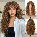 Natural Black Long Curly Synthetic Wigs for Women with Bangs Heat Resistant Hair for Daily Party Cosplay Halloween Styling