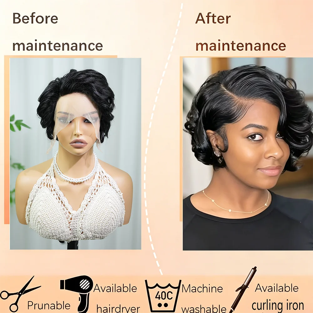 Black Curly Pixie Wigs Human Hair 100% Natural Realistic Tangle Free 13X4X1 Lace Front Glueless Wig For Women Ready To Wear