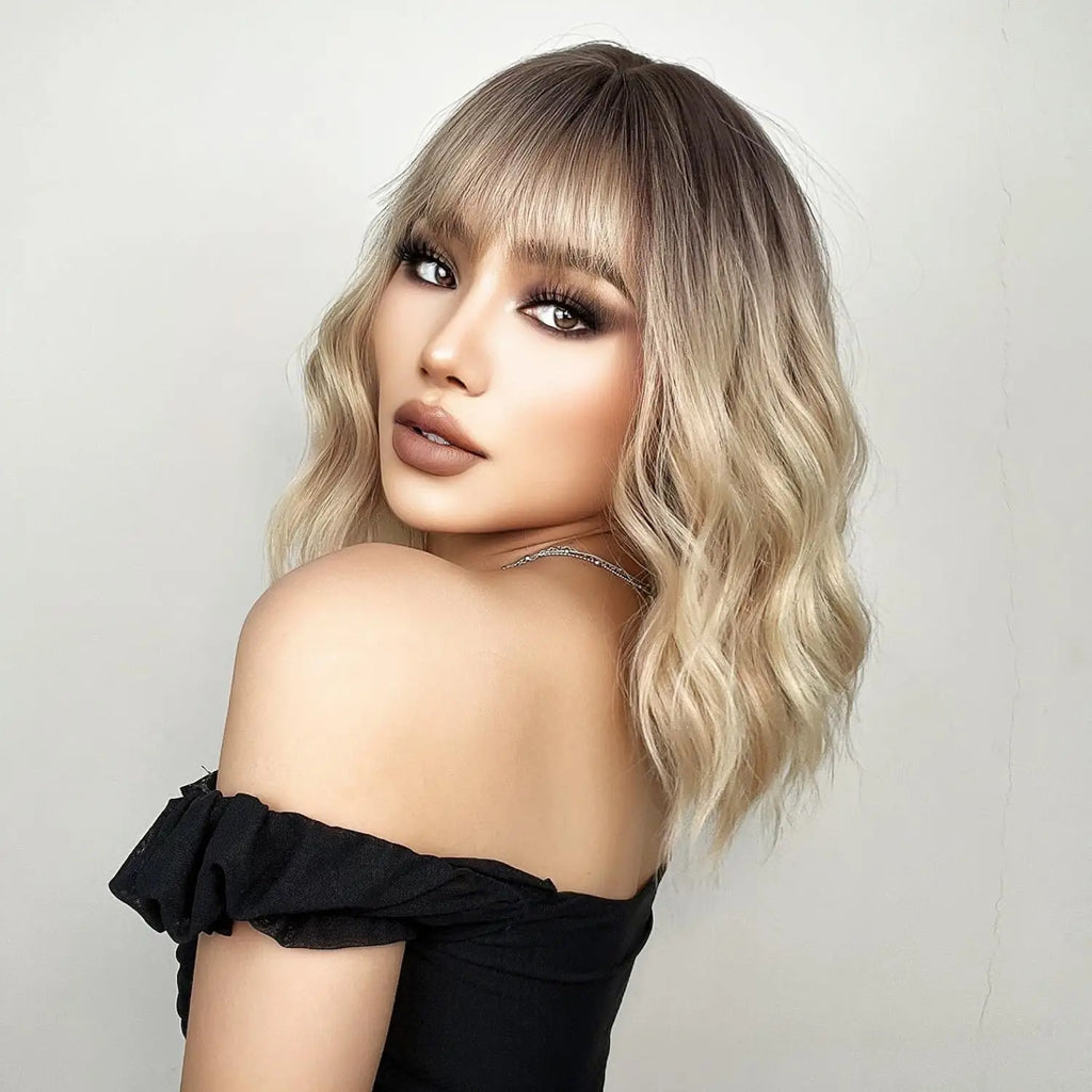 14in Blonde Bob Wig With Bangs For Women Curly & Wavy Shoulder-Length Synthetic Hairpiece, Perfect For Daily Wear & Cosplay