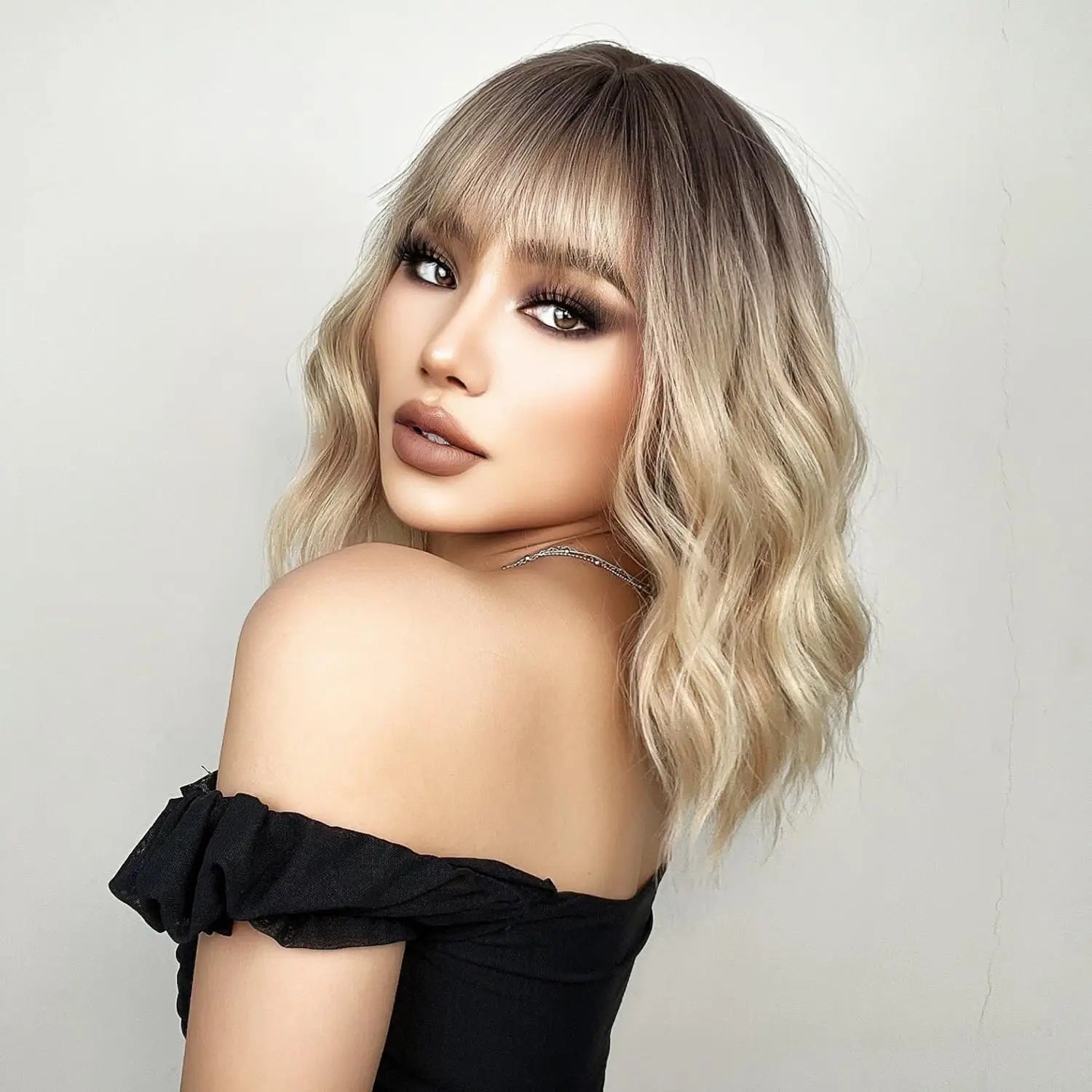 14in Blonde Bob Wig With Bangs For Women Curly & Wavy Shoulder-Length Synthetic Hairpiece, Perfect For Daily Wear & Cosplay