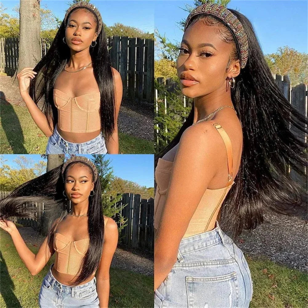 Headband Human Hair Wigs Straight Headband Wigs Human Hair For Black Women Glueless Half Wigs Wear and Go Machine Made