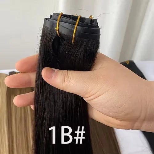 Brazilian Real Human Hair Clip-In Extensions Hard PU Braided Invisible Remy in Natural Black Brown Golden Brown Highlight Colors