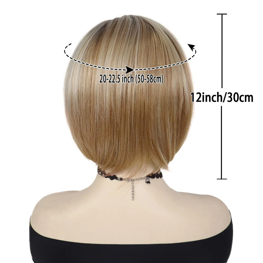 Bob Wigs for Women Synthetic Hair Heat Resistant Fiber Mixed Blonde Short Straight Hair Wig with Bangs Natural Hairstyle Costume