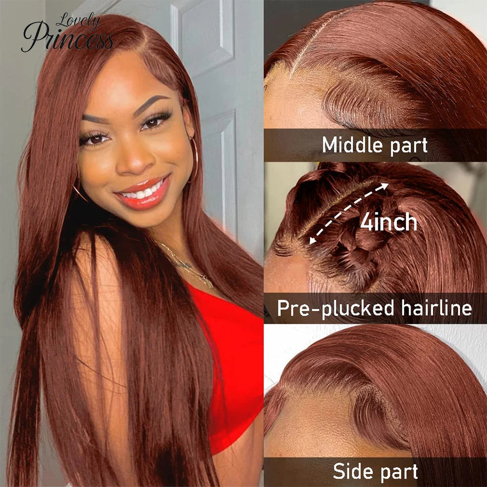 Reddish Brown Bone Straight Lace Front Human Hair Wig Brazilian 13x6 HD Transparent Lace Frontal Wigs For Women Clearance Sale