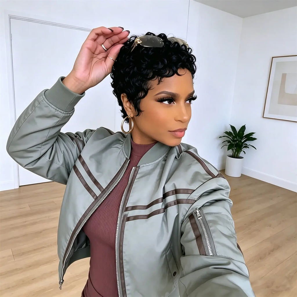 Human Hair Wig Short Curly Wig Full Machine Made Pixie Cut Wig 100% Human Braziline Remy Hair Fashion Breathable for Black Women