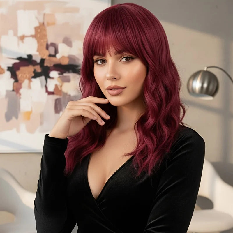 Wine Red Bob Synthetic Wig for Women Short Wave Curly Hair with Bangs 14 Inch Natural Look Party Cosplay Costume Hairpiece