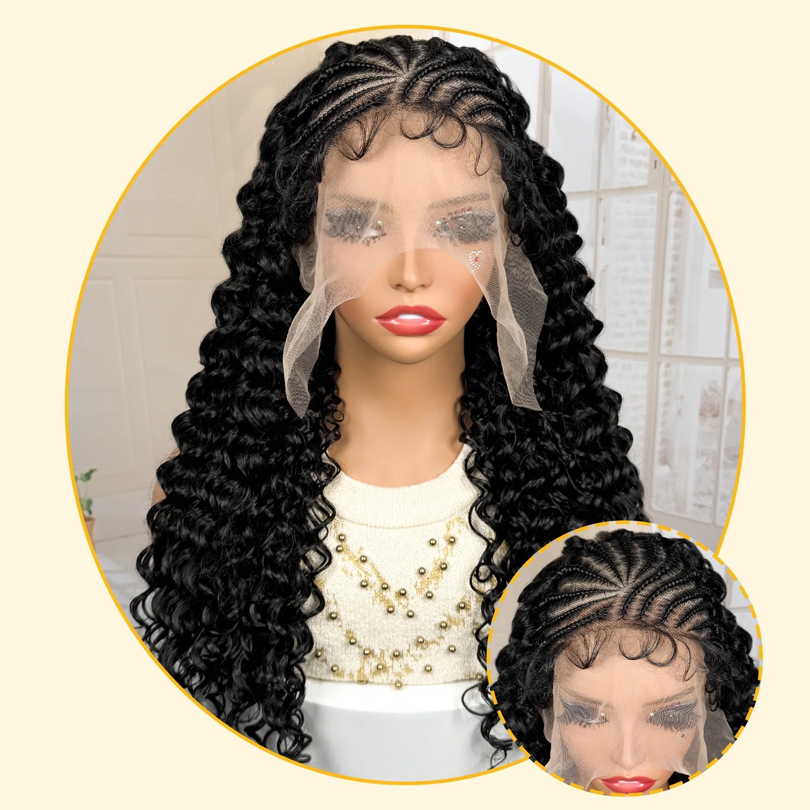 13x6 Lace Frontal Synthetic Cornrow Braiding Wig with Curly 22 Inches Handmade African Braids Hair Wigs for Black Women