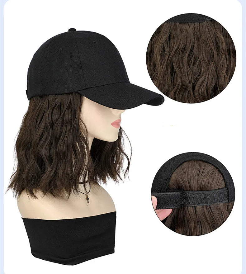 New Fashion Hat Hair Extensions Medium Long Ladies Curly Wigs Hats Connected Head Cover Synthetic Peaked Cap Wig For Women