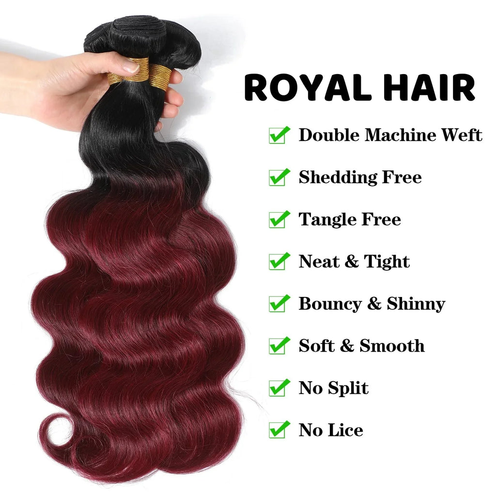 Human Hair 1B/Burgundy Brazilian Body Wave Weave Bundles 100%  Human Hair Bundles With  4x4 Lace Closure Remy Hair Extension