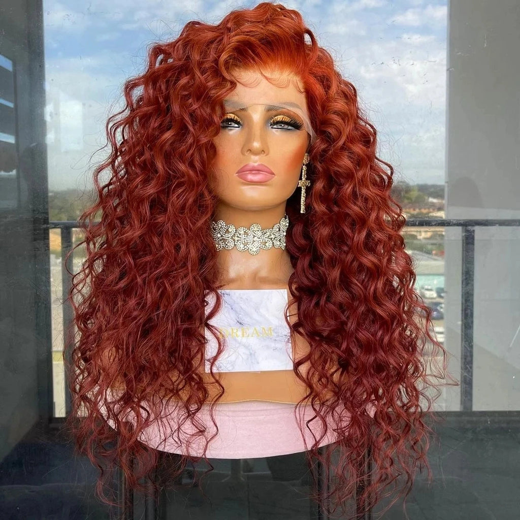 Loose Curly Burgundy Red Synthetic Hair Lace Front Wigs For Black Women Free Part Frontal Fiber Hairline Glueless