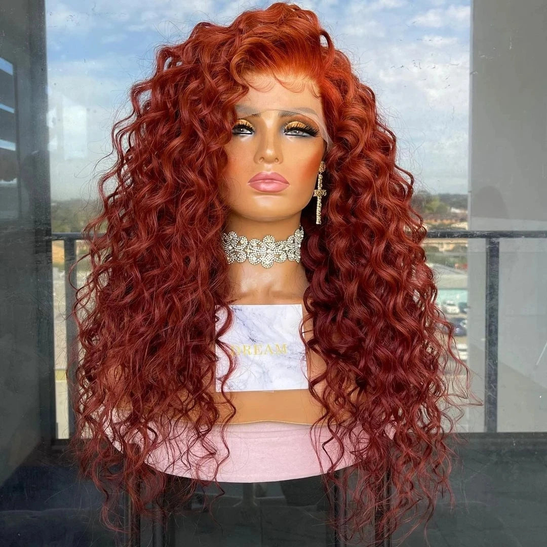 Loose Curly Burgundy Red Synthetic Hair Lace Front Wigs For Black Women Free Part Frontal Fiber Hairline Glueless